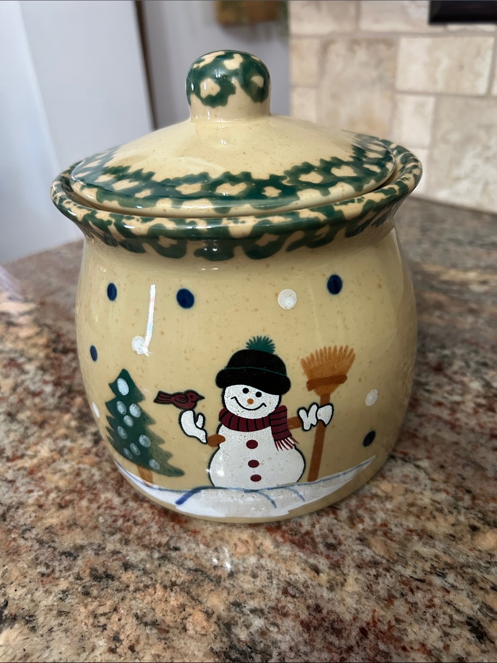 Holiday Snowman Ceramic Crock- Cream & Green